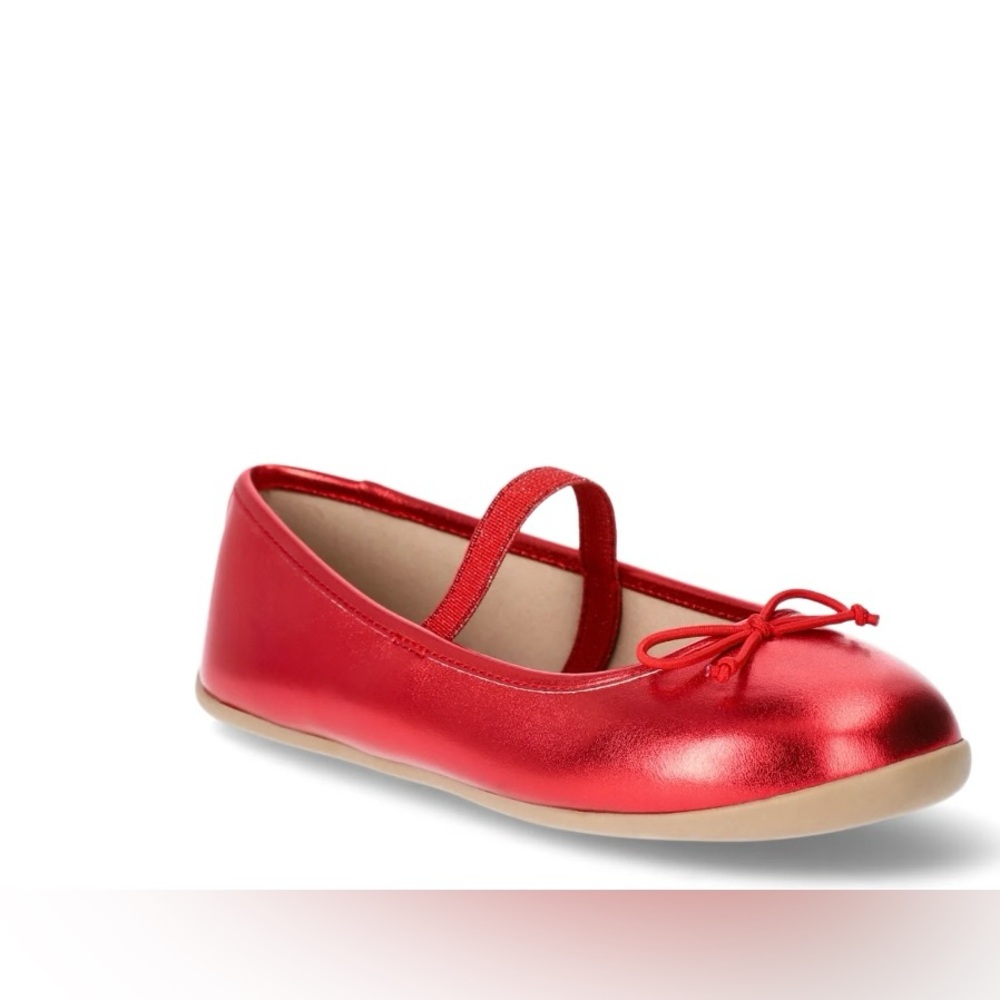NWT Wonder Nation Baby Girl Red Metallic Mary Jane Flats Bow Shoes Size 4 Infant